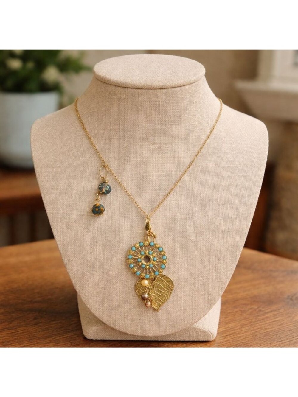 Gold Tone Pendant Necklace Blue Beads Leaf Charms Boho Statement 18 inch